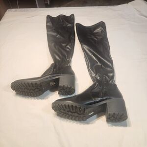 ⭐️Black Lug Sole Knee High Boots Platform Block Goth Grunge Cyber Punk Moto Sz 9
